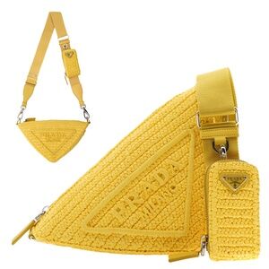 Prada Triangle Crossbody Yellow Logo Crochet 1BH190 New